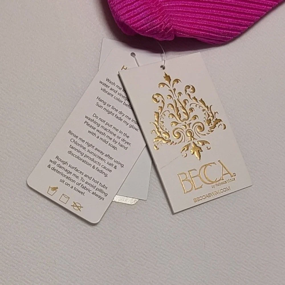Becca Rebecca Virtue Hot Pink Ribbed Triangle Halter Bikini Top Gold Ring Medium